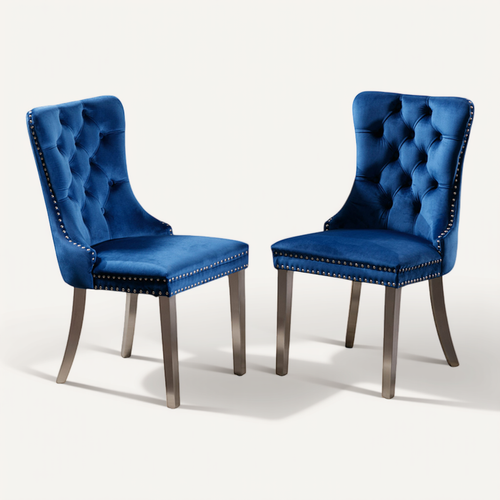Chaises De Salle à Manger En Velours Bleu Avec Pieds Chromés Et Rivets, 2 Pièces