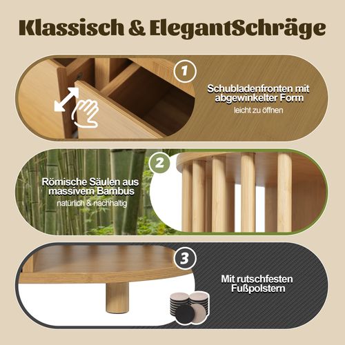 Commode 160 Cm Chêne Au Design Romain Avec Colonnes, Tiroirs Et étagères En Bambou