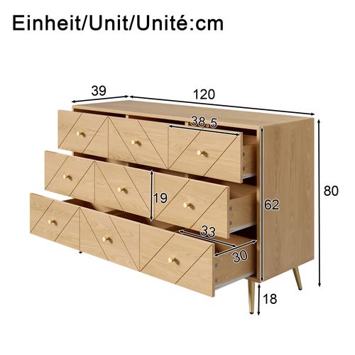 Commode Moderne 9 Tiroirs Avec Pieds En Métal Et Motifs Géométriques