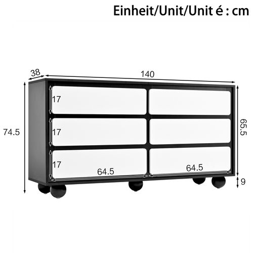 Commode Moderne 6 Tiroirs Noir Et Blanc Avec Pieds Métalliques Arrondis
