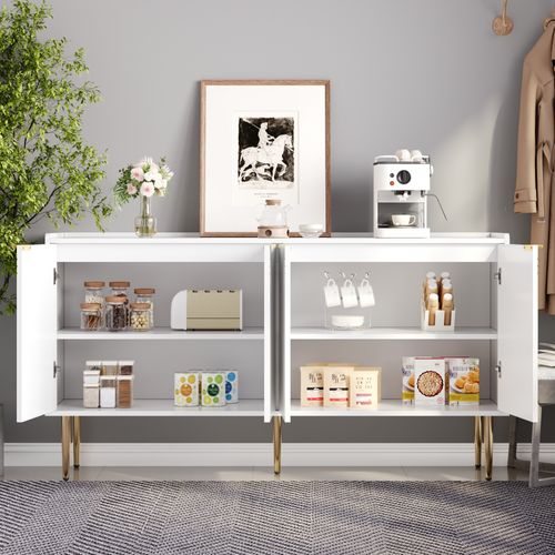 Buffet 140 Cm En Blanc Avec Portes Bombées Et Pieds Dorés En Métal, Style Luxe Moderne