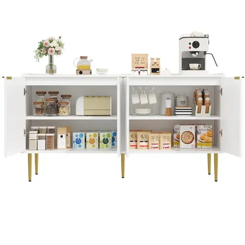 Buffet 140 Cm En Blanc Avec Portes Bombées Et Pieds Dorés En Métal, Style Luxe Moderne