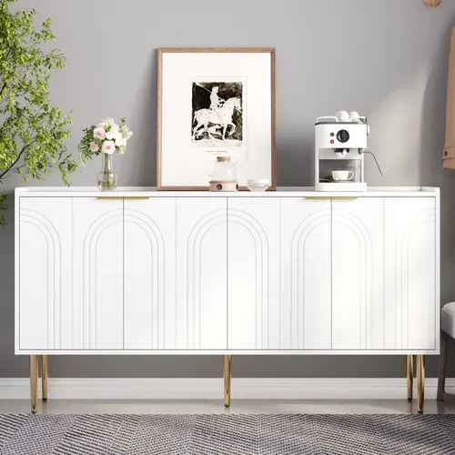 Buffet 140 Cm En Blanc Avec Portes Bombées Et Pieds Dorés En Métal, Style Luxe Moderne