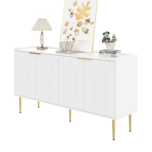 Buffet 140 Cm En Blanc Avec Portes Bombées Et Pieds Dorés En Métal, Style Luxe Moderne