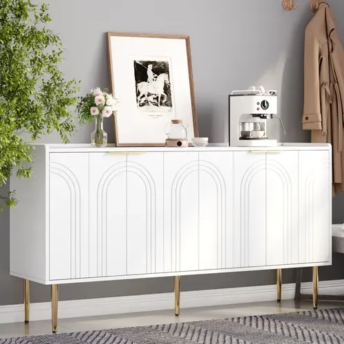Buffet 140 Cm En Blanc Avec Portes Bombées Et Pieds Dorés En Métal, Style Luxe Moderne