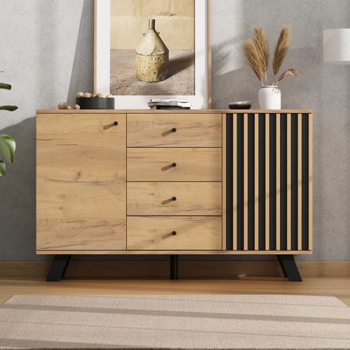 Buffet 120 Cm Bois Et Noir Avec 4 Tiroirs Et 2 Armoires