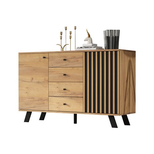 Buffet 120 Cm Bois Et Noir Avec 4 Tiroirs Et 2 Armoires
