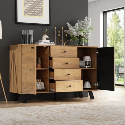 Buffet 120 Cm Bois Et Noir Avec 4 Tiroirs Et 2 Armoires