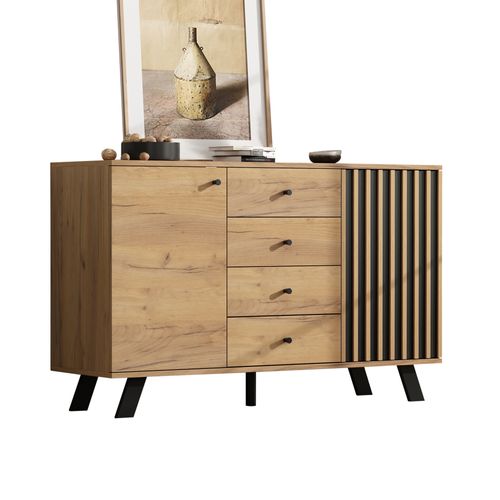 Buffet 120 Cm Bois Et Noir Avec 4 Tiroirs Et 2 Armoires