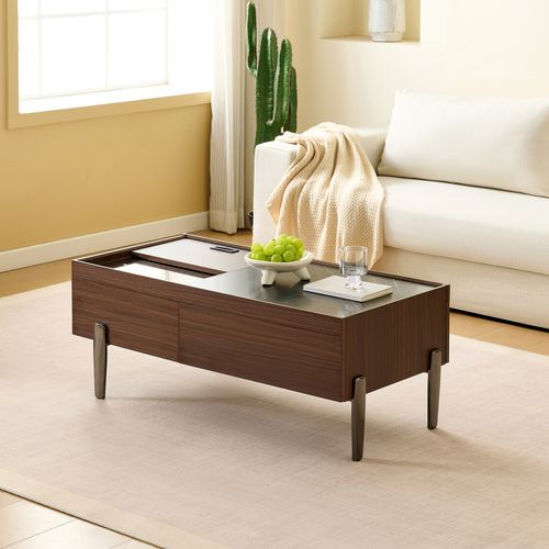 Table Basse Moderne Avec Tiroirs, Plateau En Verre Et Pieds Métalliques, 105x50x41,5 Cm