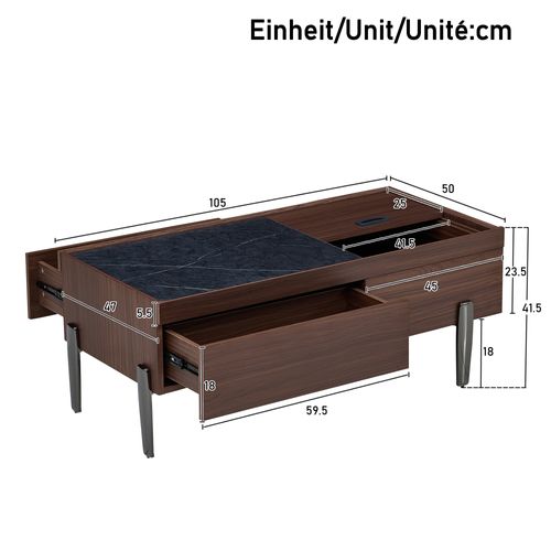 Table Basse Moderne Avec Tiroirs, Plateau En Verre Et Pieds Métalliques, 105x50x41,5 Cm