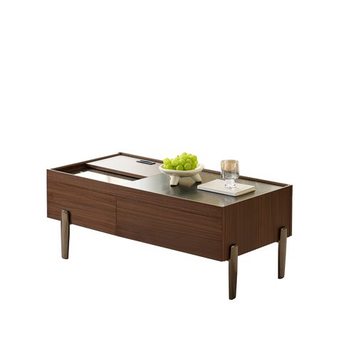 Table Basse Moderne Avec Tiroirs, Plateau En Verre Et Pieds Métalliques, 105x50x41,5 Cm