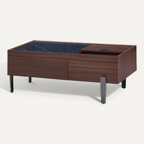 Table Basse Moderne Avec Tiroirs, Plateau En Verre Et Pieds Métalliques, 105x50x41,5 Cm