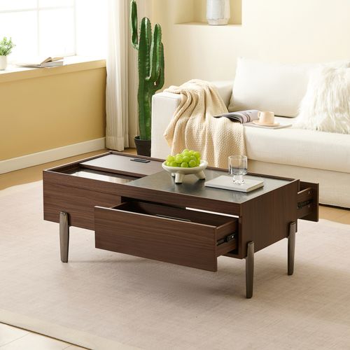Table Basse Moderne Avec Tiroirs, Plateau En Verre Et Pieds Métalliques, 105x50x41,5 Cm
