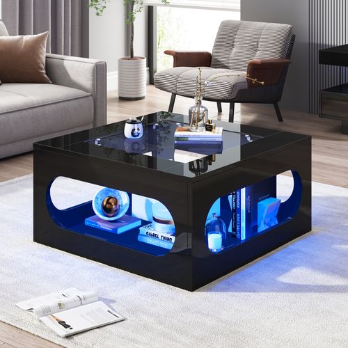 Table Basse Carrée 70x70 Cm Noire Avec LED, Plateau En Verre Trempé Et Rangement