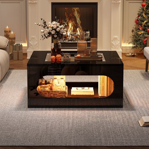 Table Basse Carrée 70x70 Cm Noire Avec LED, Plateau En Verre Trempé Et Rangement