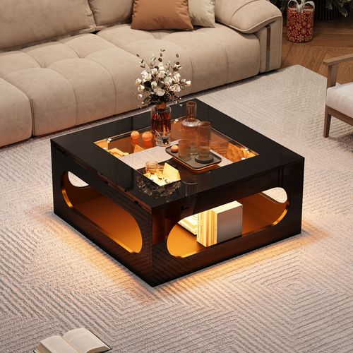 Table Basse Carrée 70x70 Cm Noire Avec LED, Plateau En Verre Trempé Et Rangement