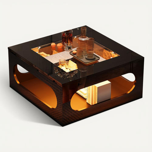 Table Basse Carrée 70x70 Cm Noire Avec LED, Plateau En Verre Trempé Et Rangement