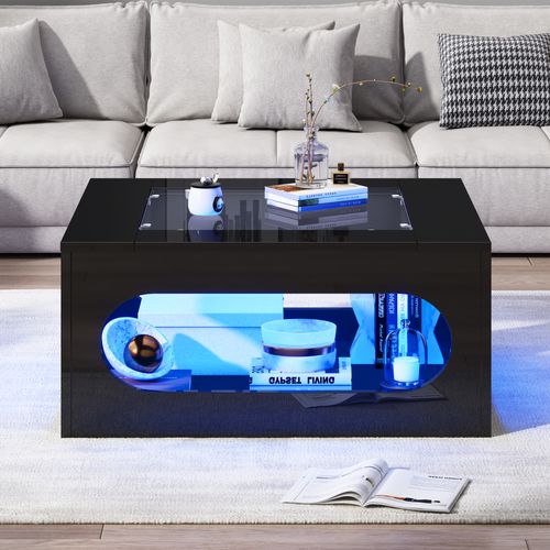 Table Basse Carrée 70x70 Cm Noire Avec LED, Plateau En Verre Trempé Et Rangement