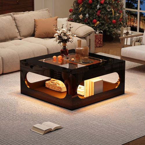 Table Basse Carrée 70x70 Cm Noire Avec LED, Plateau En Verre Trempé Et Rangement
