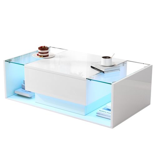 Table Basse 100x50 Cm Blance Avec LED, Plateau En Verre Et 1 Tiroir