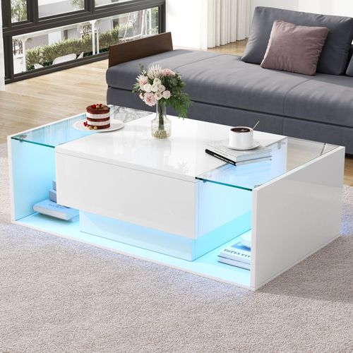 Table Basse 100x50 Cm Blance Avec LED, Plateau En Verre Et 1 Tiroir