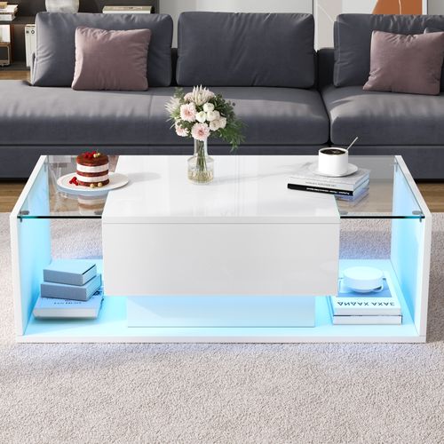 Table Basse 100x50 Cm Blance Avec LED, Plateau En Verre Et 1 Tiroir