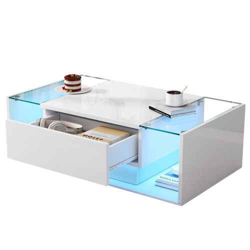 Table Basse 100x50 Cm Blance Avec LED, Plateau En Verre Et 1 Tiroir