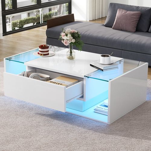 Table Basse 100x50 Cm Blance Avec LED, Plateau En Verre Et 1 Tiroir