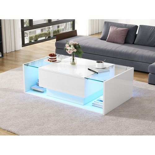 Table Basse 100x50 Cm Blance Avec LED, Plateau En Verre Et 1 Tiroir