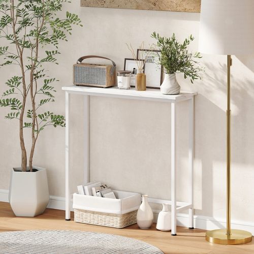 Console Étroite Moderne Effet Marbre, Métal Blanc, Stabilisée Et Réglable, 75x24x76cm