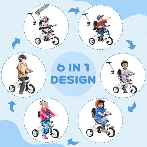 Tricycle Enfant 6-en-1 Blanc Avec Toit, Guidon Parent Et Panier 1-5 Ans
