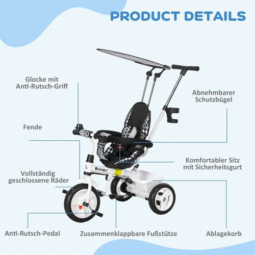 Tricycle Enfant 6-en-1 Blanc Avec Toit, Guidon Parent Et Panier 1-5 Ans