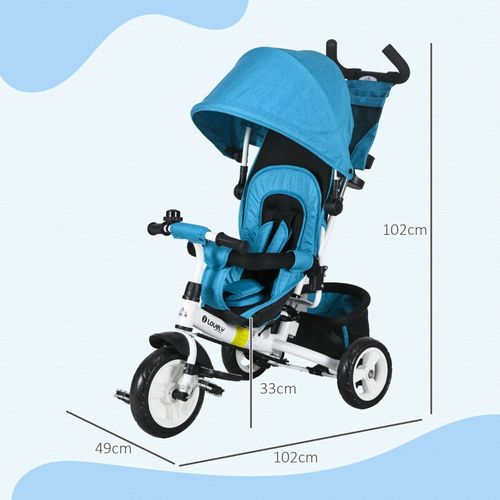 Tricycle 6-en-1 Enfant Bleu Avec Canopy, Panier, Harnais 5 Points Et Coussin