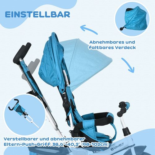 Tricycle 6-en-1 Enfant Bleu Avec Canopy, Panier, Harnais 5 Points Et Coussin