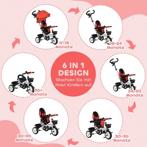 Tricycle 6-en-1 Enfant Rouge Avec Canopy Amovible, Panier Et Harnais