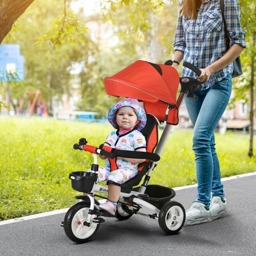 Tricycle 6-en-1 Enfant Rouge Avec Canopy Amovible, Panier Et Harnais