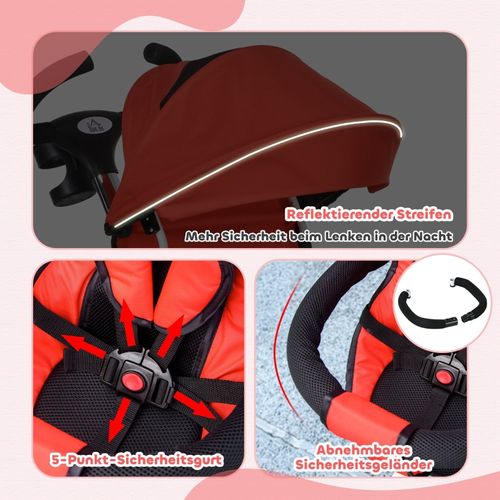 Tricycle 6-en-1 Enfant Rouge Avec Canopy Amovible, Panier Et Harnais