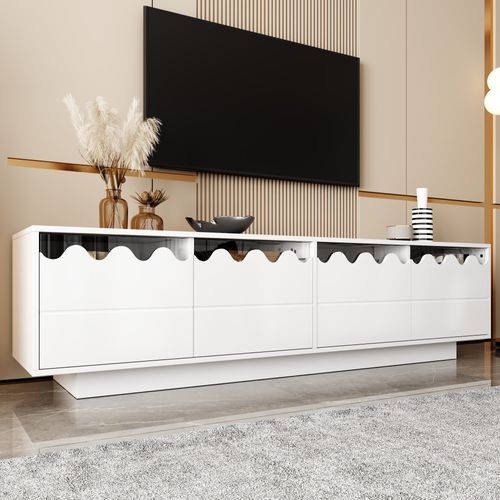 Meuble TV 4 Portes Avec Design Ondulé Et étagères En Verre, 170 Cm