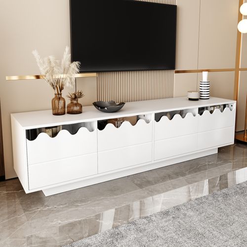 Meuble TV 4 Portes Avec Design Ondulé Et étagères En Verre, 170 Cm