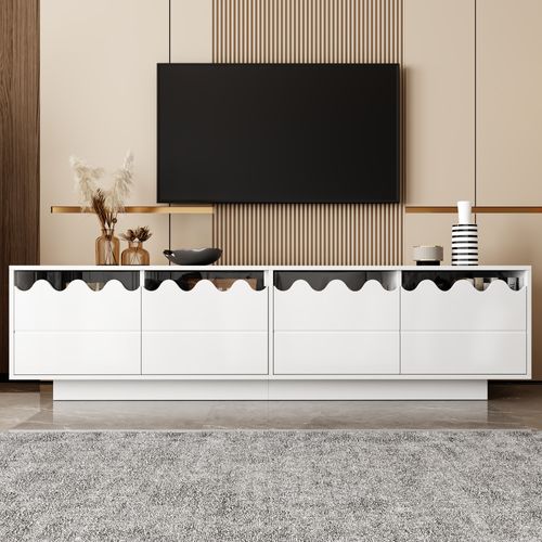 Meuble TV 4 Portes Avec Design Ondulé Et étagères En Verre, 170 Cm
