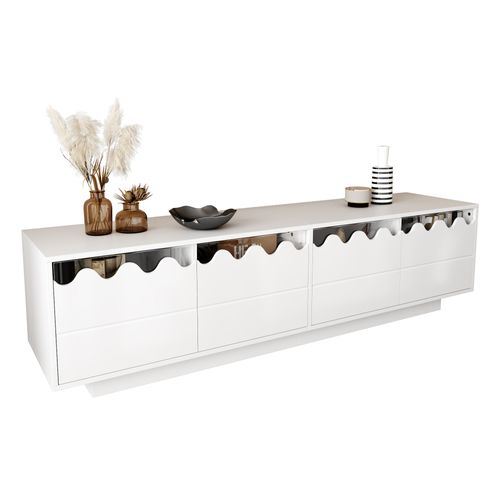 Meuble TV 4 Portes Avec Design Ondulé Et étagères En Verre, 170 Cm
