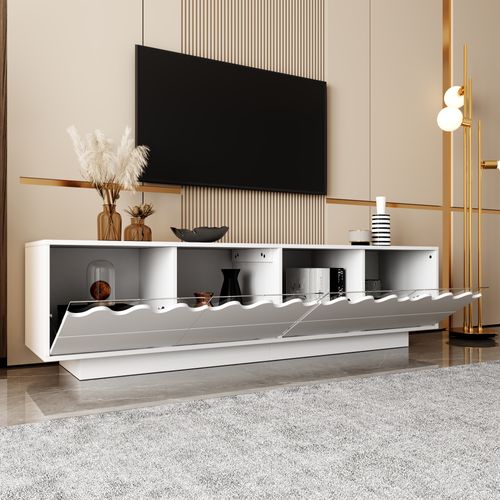 Meuble TV 4 Portes Avec Design Ondulé Et étagères En Verre, 170 Cm