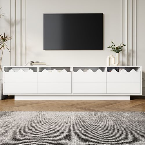 Meuble TV 4 Portes Avec Design Ondulé Et étagères En Verre, 170 Cm