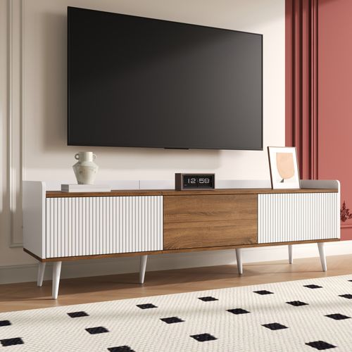 Meuble TV 160 Cm Blanc Et Bois Naturel Avec 3 Portes Et Rangement