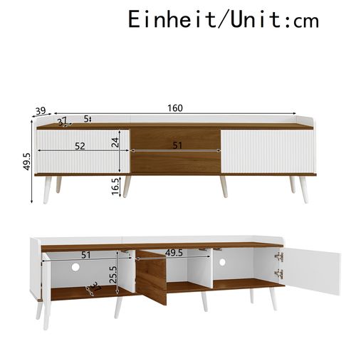 Meuble TV 160 Cm Blanc Et Bois Naturel Avec 3 Portes Et Rangement