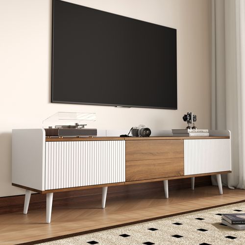 Meuble TV 160 Cm Blanc Et Bois Naturel Avec 3 Portes Et Rangement