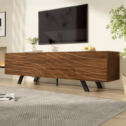 Meuble TV moderne 160 cm, façade ondulée effet noyer et pieds métal noirs, rangement et passe-câbles