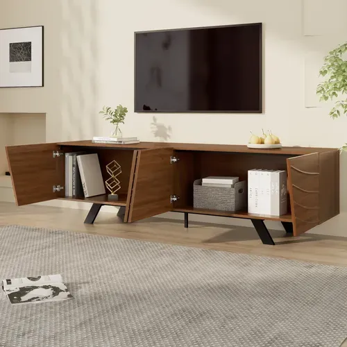 Meuble TV moderne 160 cm, façade ondulée effet noyer et pieds métal noirs, rangement et passe-câbles