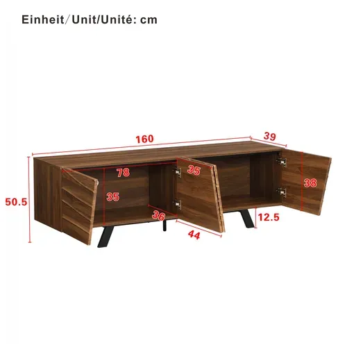 Meuble TV moderne 160 cm, façade ondulée effet noyer et pieds métal noirs, rangement et passe-câbles